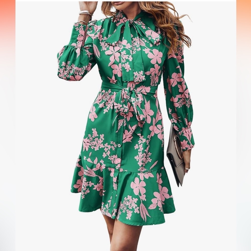 NWT Floral Long Sleeve Tie Neck Button Front Ruffle Hem Short Dress with Belt